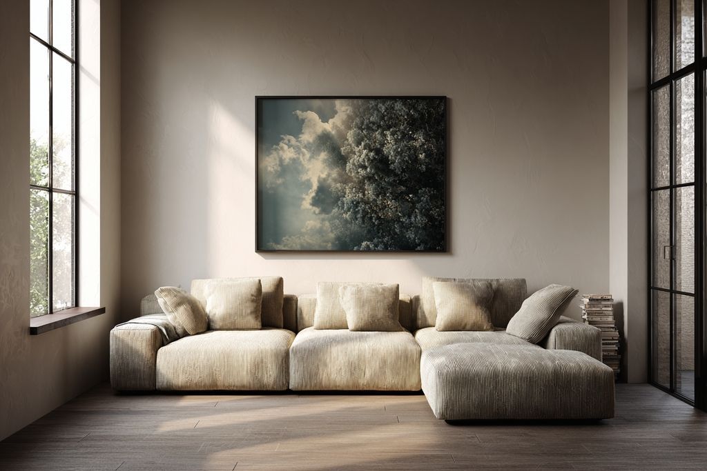 Image du canapé FÄRLÖV illustrant la polyvalence dans un décor épuré avec des teintes neutres et art moderne.