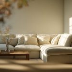 Configuration chaleureuse de canapé IKEA sectionnel contre mur lumineux