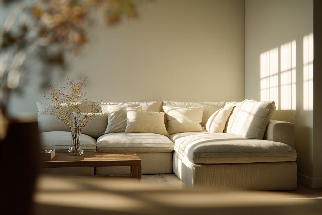 Configuration chaleureuse de canapé IKEA sectionnel contre mur lumineux