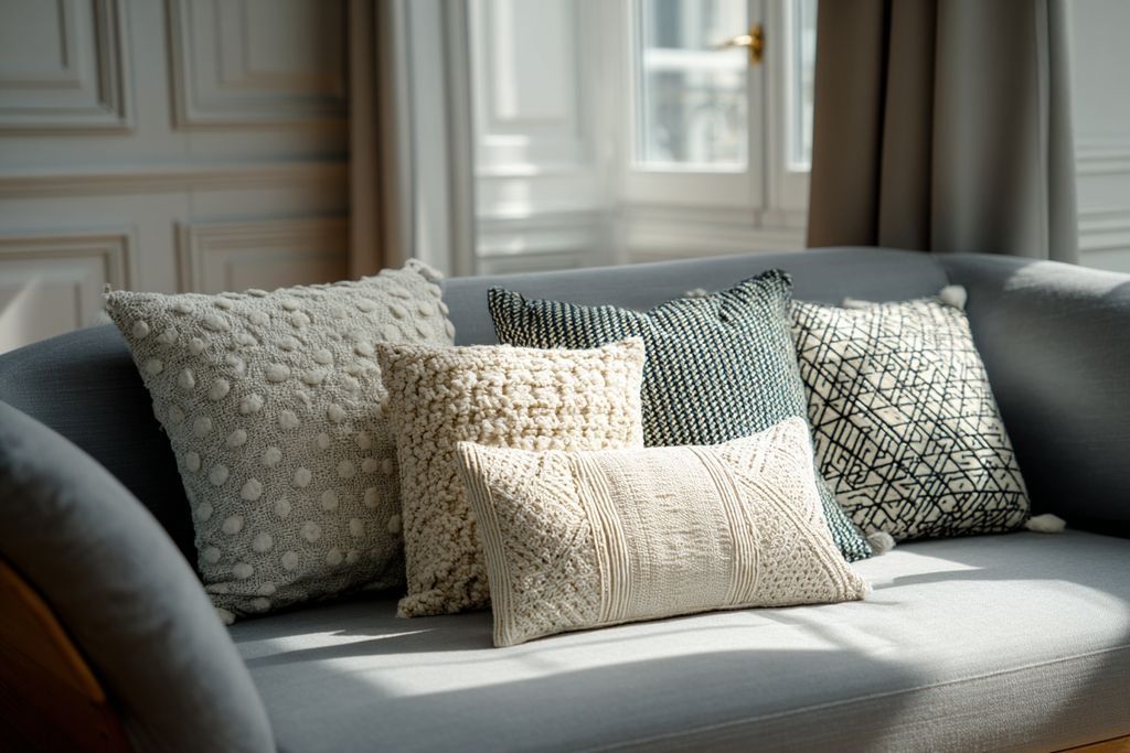 Coussins élégants disposés sur un canapé tendance de Maison du Monde.
