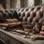 Outils et produits organisés à côté d'un canapé en cuir vintage pour une restauration
