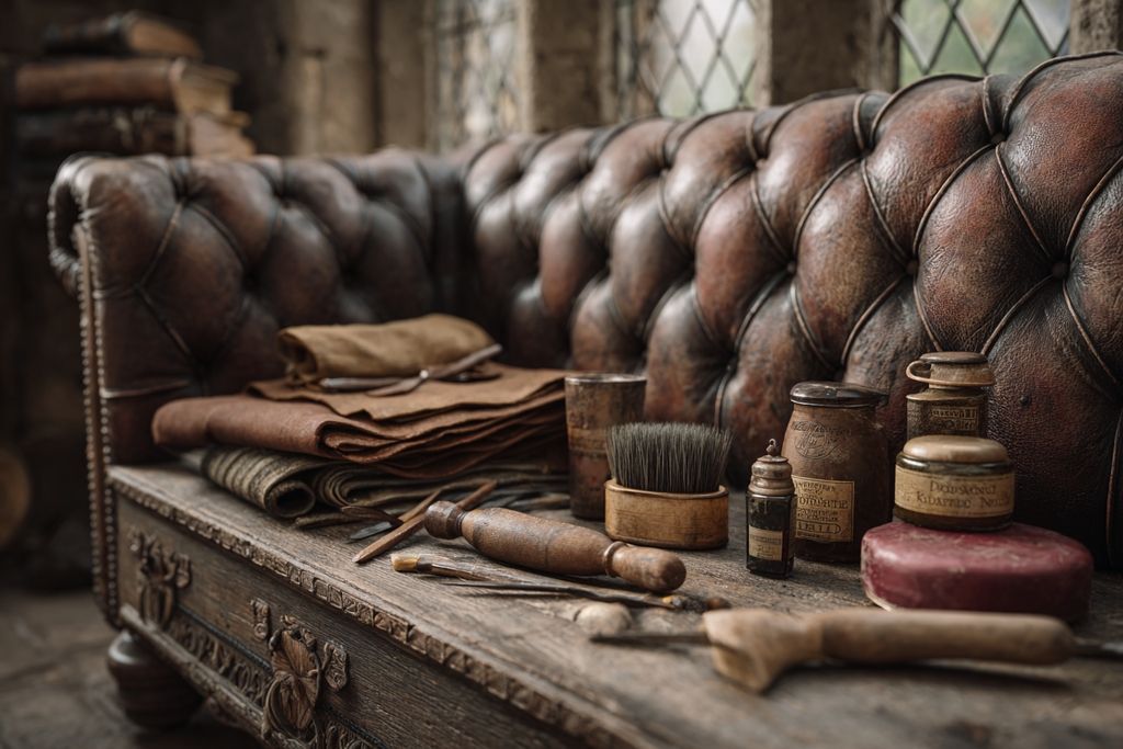 Outils et produits organisés à côté d'un canapé en cuir vintage pour une restauration