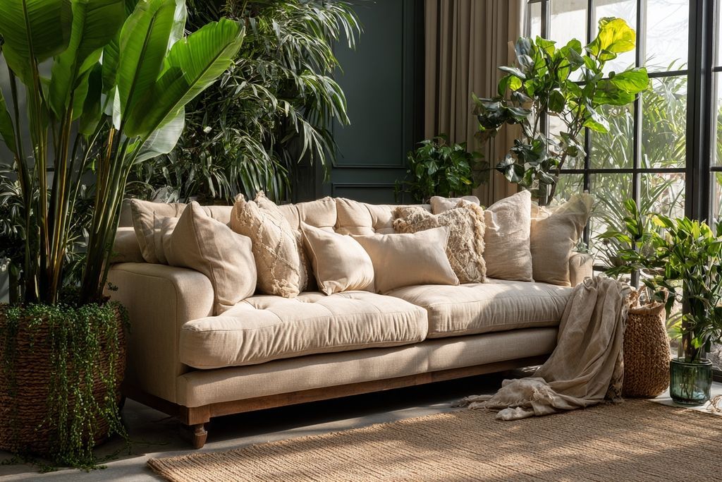 Canapé beige avec des plantes pour une ambiance paisible