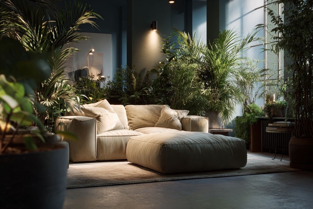 Salon cosy avec canapé, plantes et lumière douce