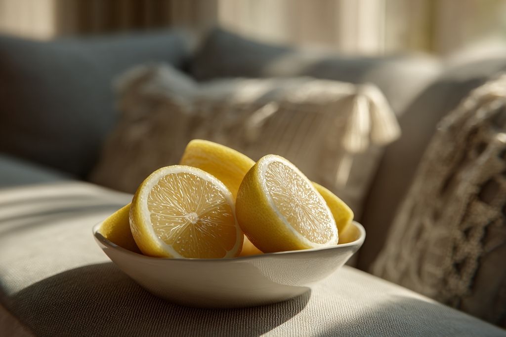 Bol de tranches de citron près d'un canapé pour un entretien naturel de la tapisserie