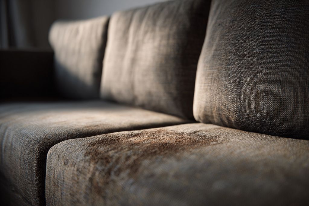Image d'un canapé avec une tache de graisse visible sur le tissu, soulignant sa texture et sa couleur.
