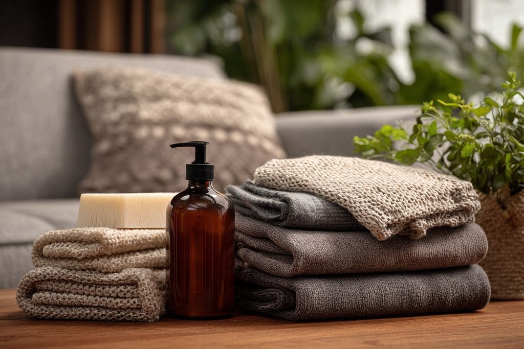 Produits d'entretien naturels et chiffons doux préparés pour nettoyer un canapé