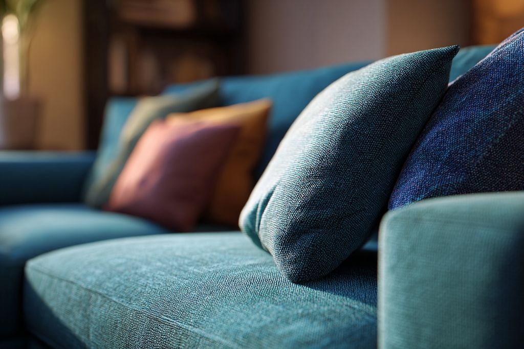 Vue rapprochée d'un canapé d'angle en tissu coloré avec un siège confortable