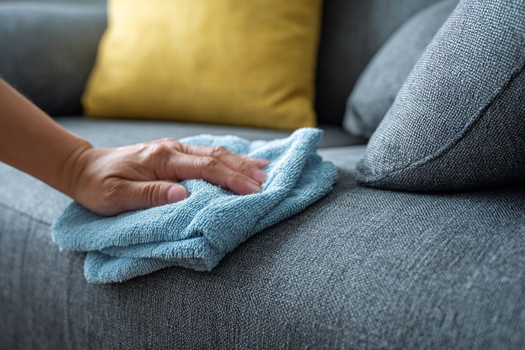 Nettoyage de coussin de canapé avec un chiffon propre