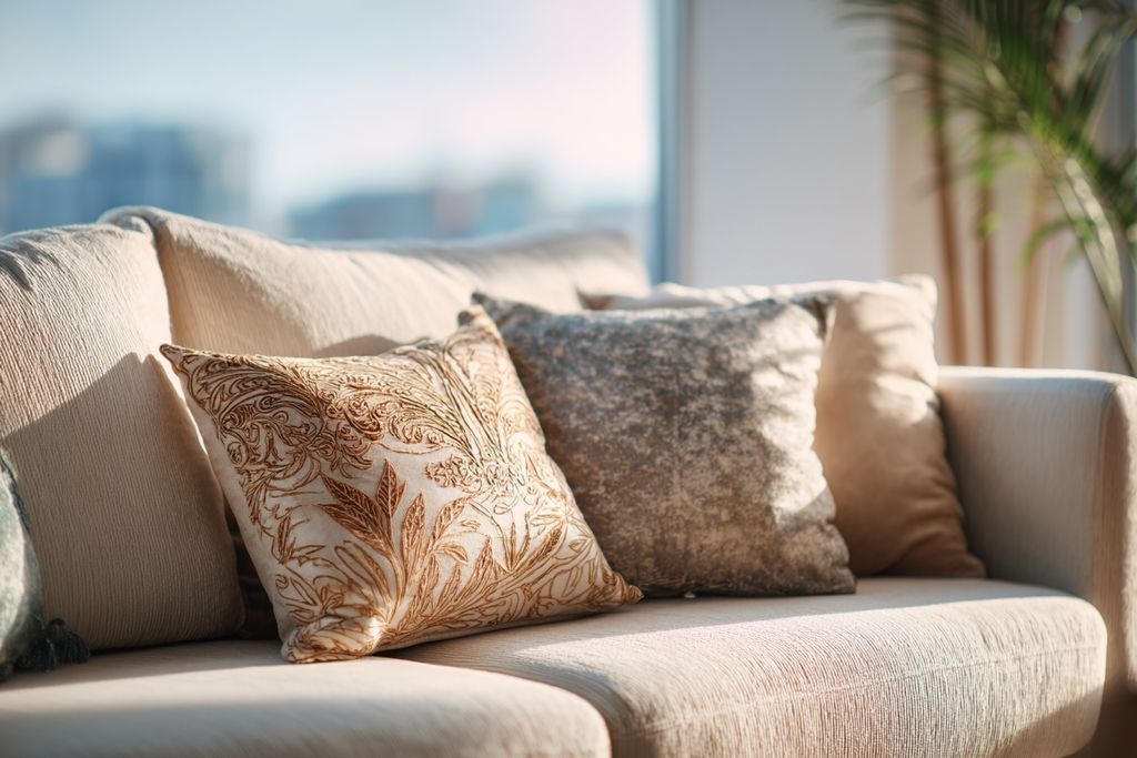 Canapé illuminé par le soleil avec des coussins décoratifs apportant une ambiance fraîche.