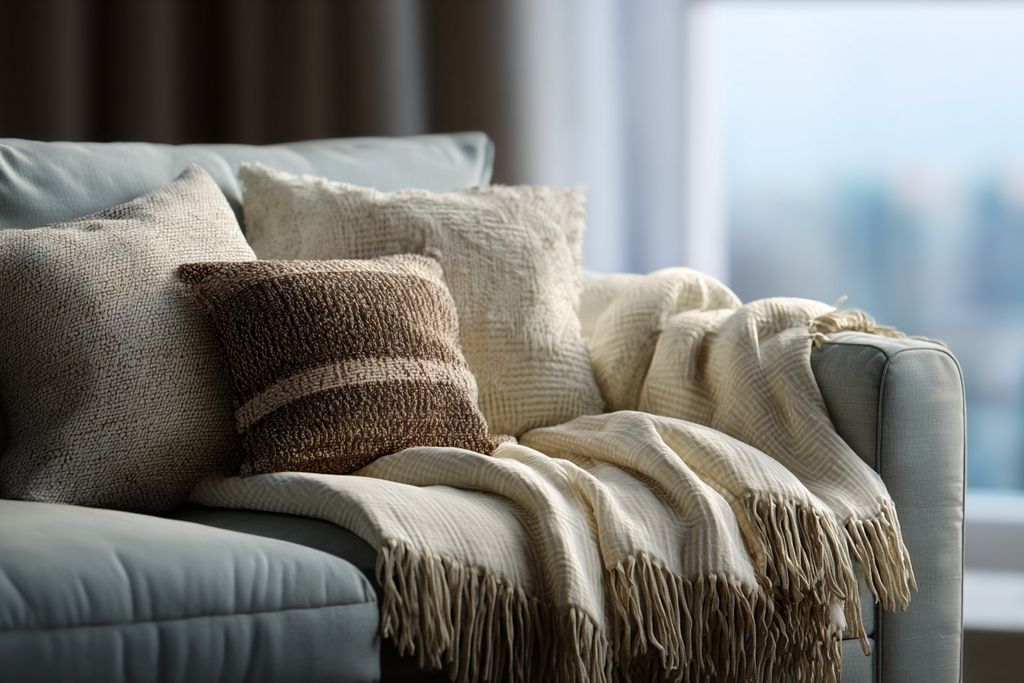Vue d'un salon confortable avec un canapé immaculé, des coussins stylés et une couverture protectrice.