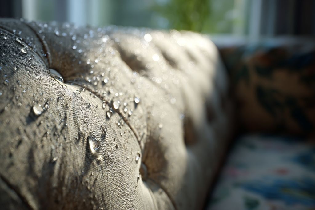 Gouttelettes d'eau s'évaporant sur tissu de canapé sous lumière solaire douce