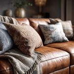 Vue d'un salon raffiné avec un canapé en similicuir et des coussins design