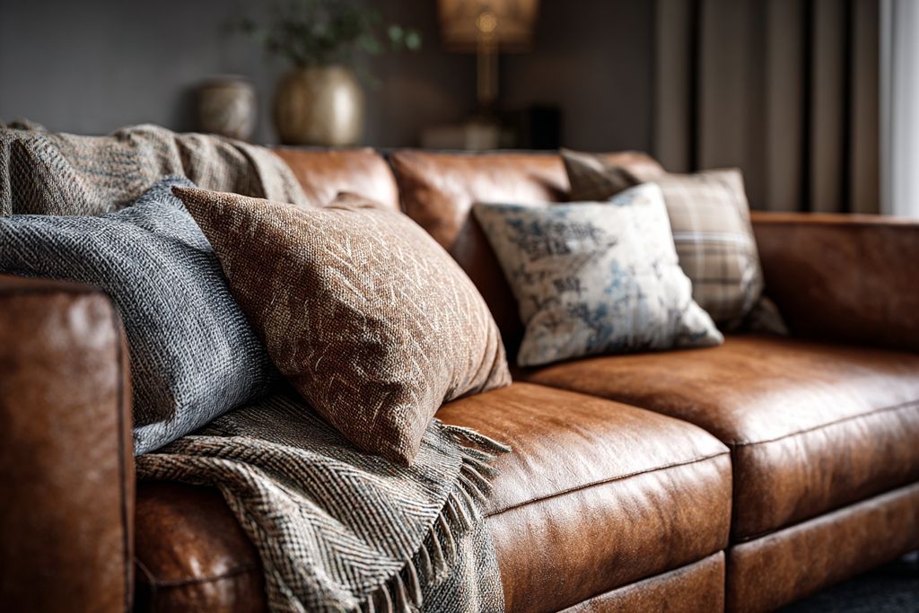 Vue d'un salon raffiné avec un canapé en similicuir et des coussins design