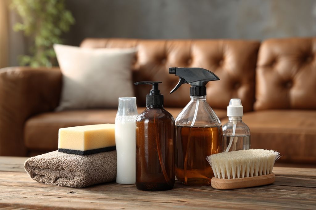 Produits de nettoyage pour cuir sur table en bois près du canapé