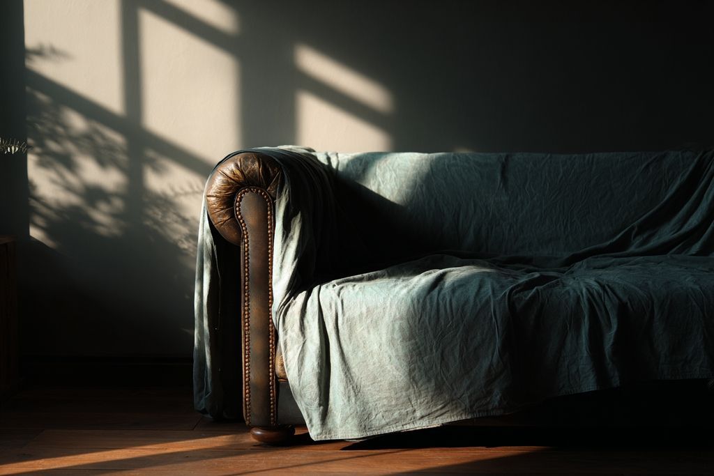 Vue séduisante d'un canapé moderne couvert, éclairé par le soleil dans une salle lumineuse.