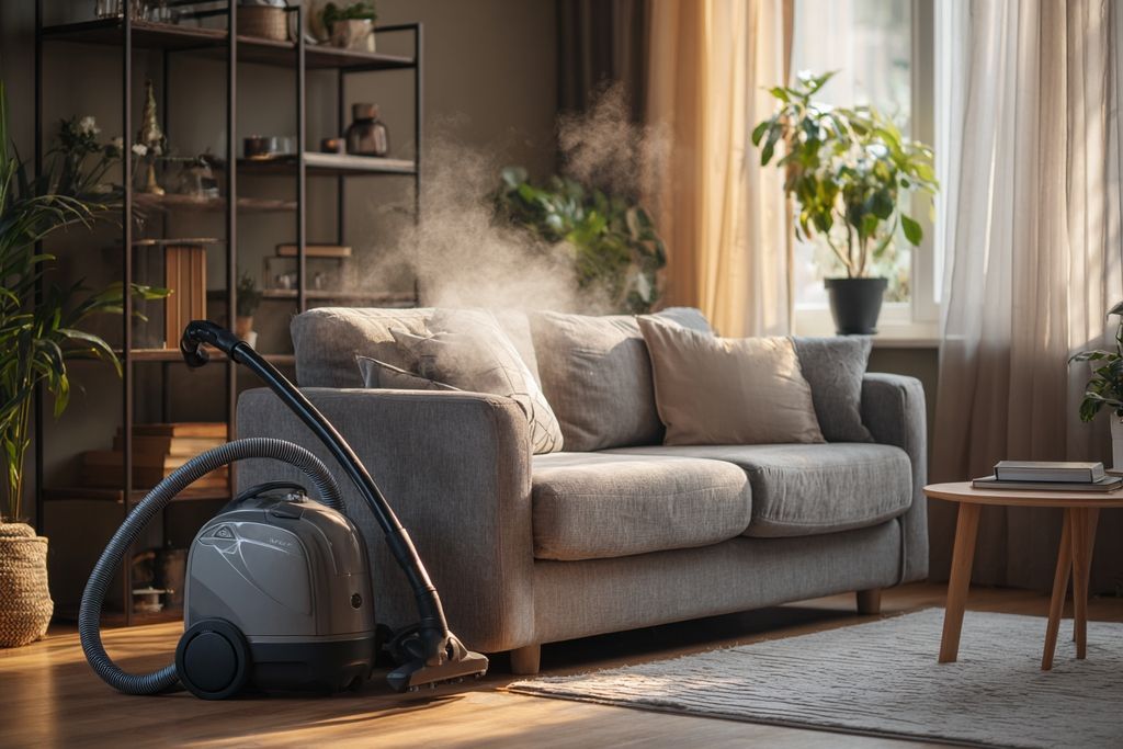 Équipement de nettoyage à vapeur près d'un salon douillet avec canapé propre