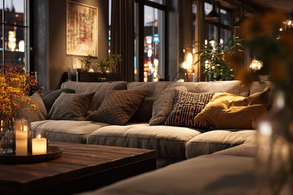 Canapé modulaire SÖDERHAMN dans un cadre urbain élégant avec lumière chaude et coussins
