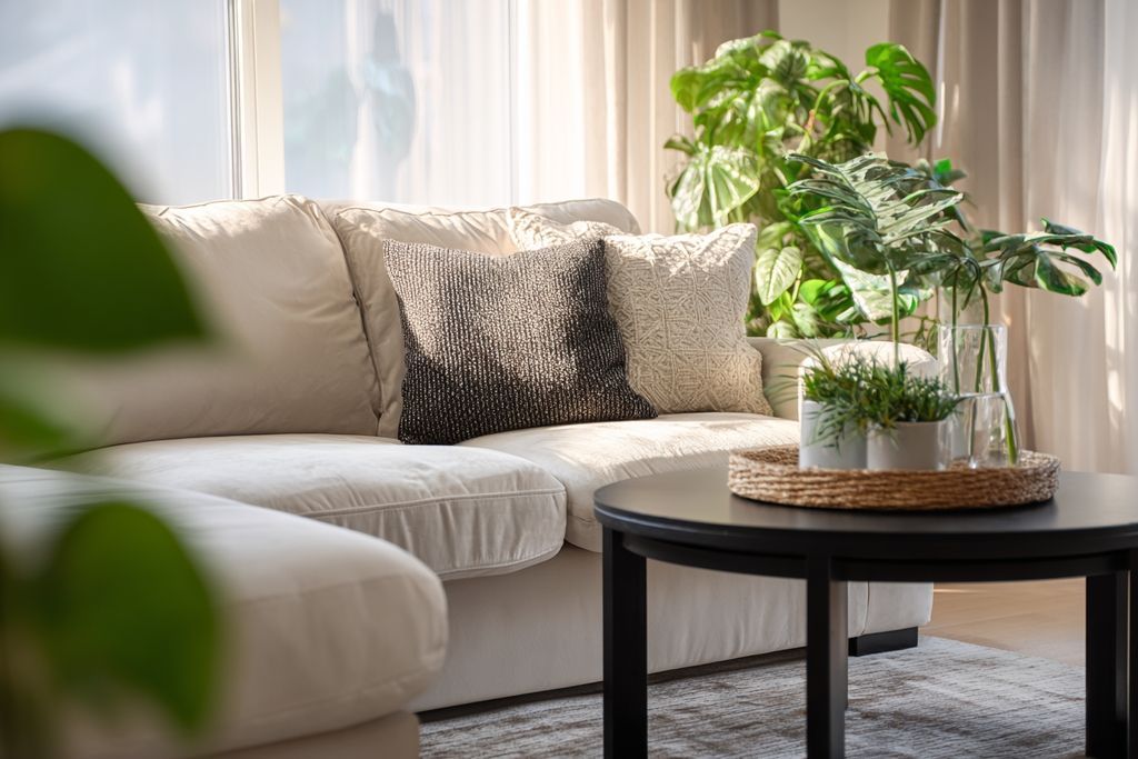 Vue stylée d'un salon moderne avec canapé IKEA et table basse design.