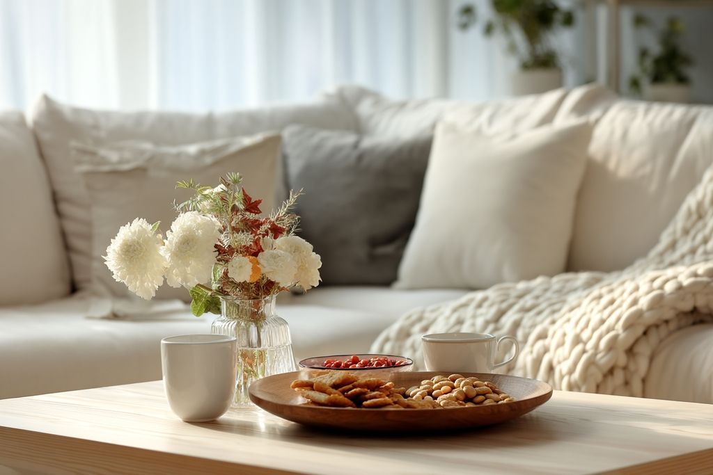 Table basse avec snacks près d'un canapé IKEA accueillant