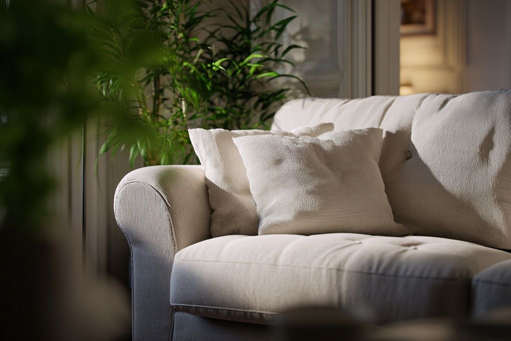 Image détaillée d’un sofa IKEA contemporain dans une ambiance chaleureuse et éclairage doux.