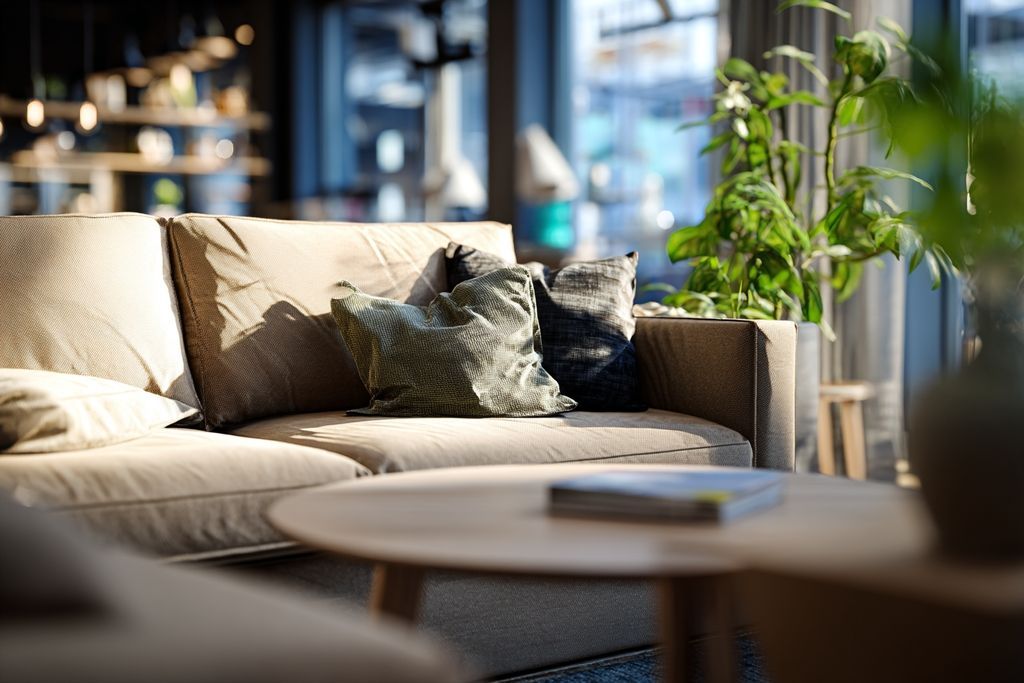 Vue d'ensemble d'un salon invitant avec un canapé IKEA moderne en avant-plan
