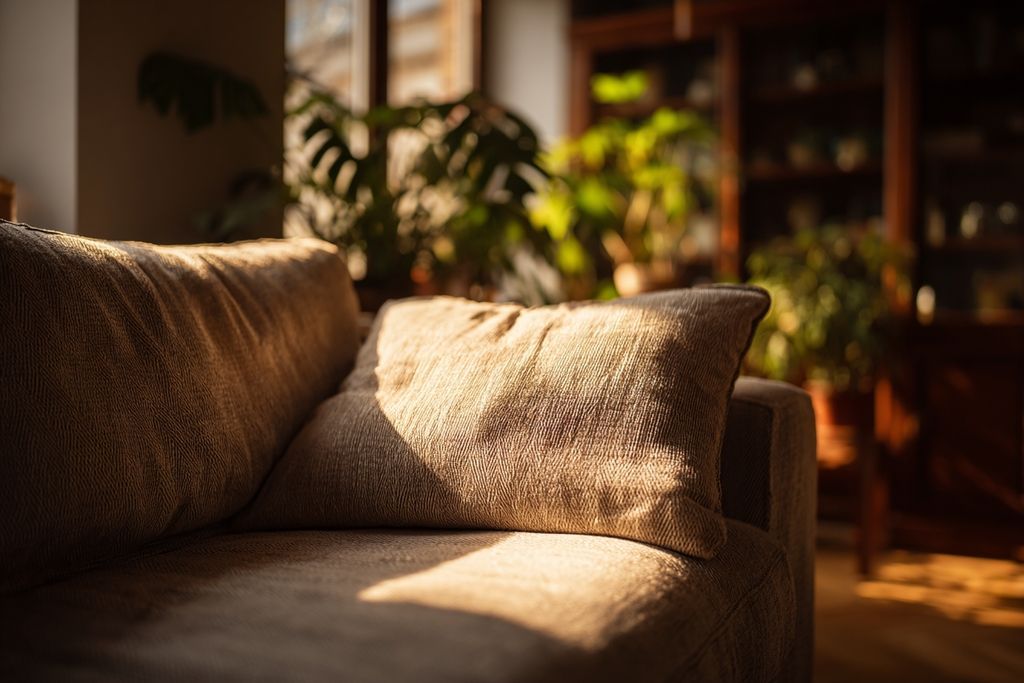Éclairage naturel dans un salon douillet avec canapé fraîchement nettoyé.