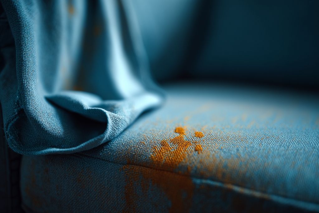 Un chiffon nettoie les taches sur un canapé synthétique, dévoilant une couleur éclatante.