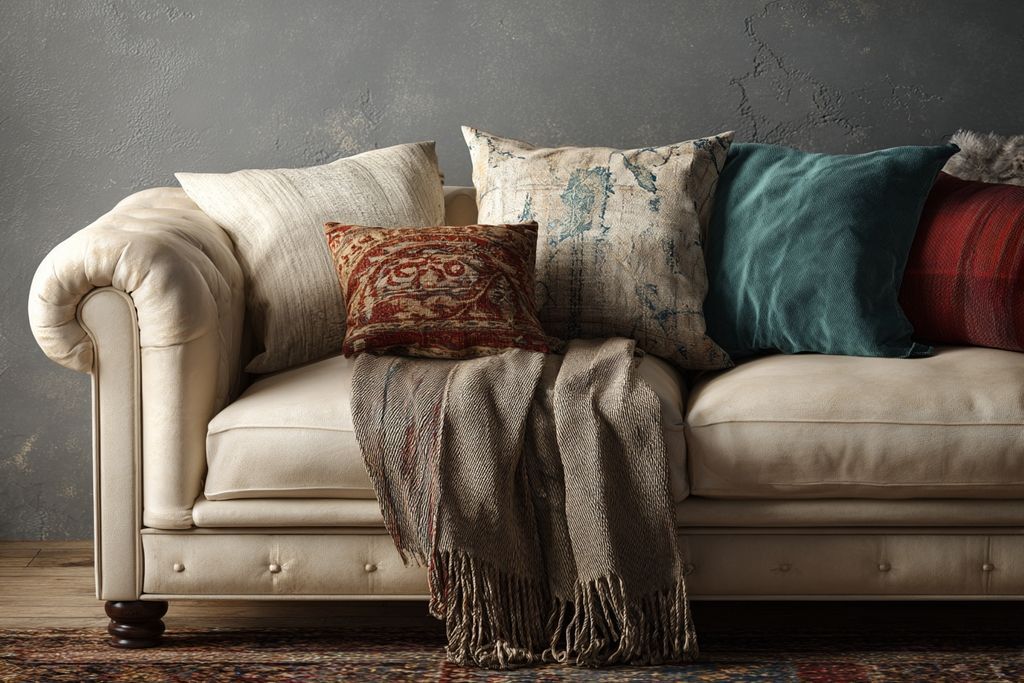 Un sofa confortable avec des coussins élégants et un plaid pour une ambiance chaleureuse.