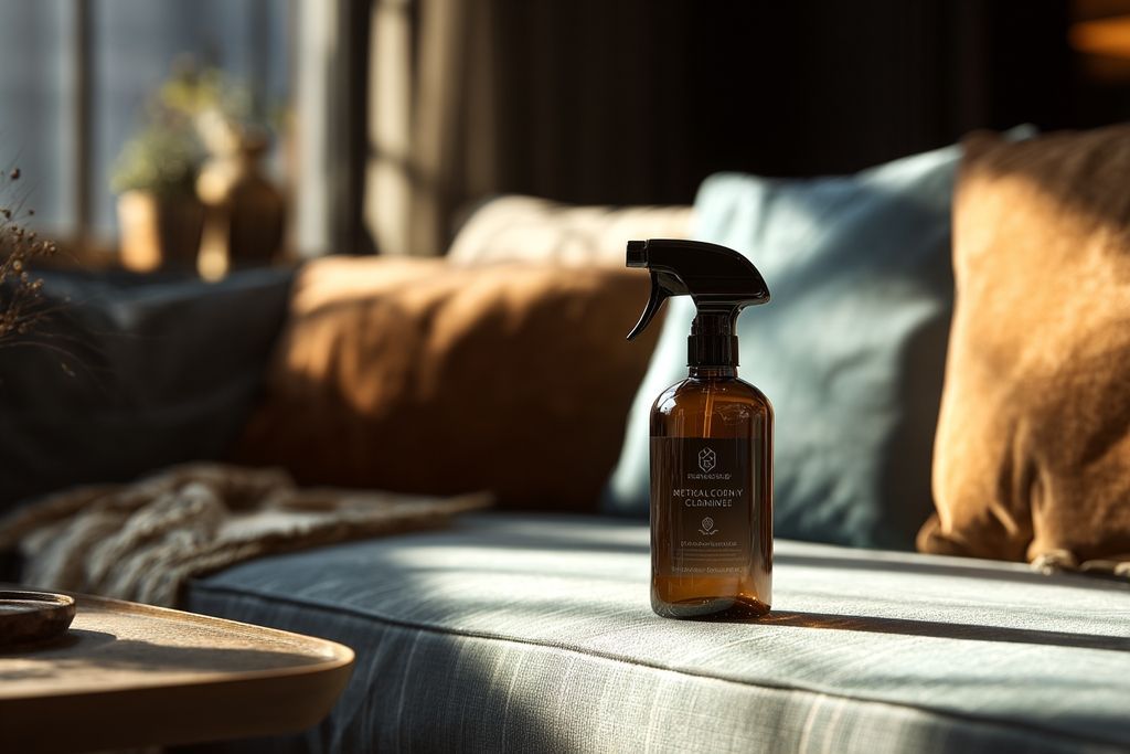 Une bouteille de solution nettoyante naturelle sur une table basse design à côté du canapé.