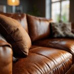 Image d'un canapé en cuir dans un salon chaleureux et accueillant.
