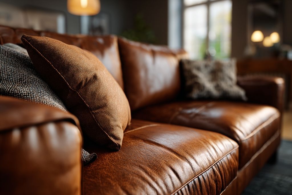 Image d'un canapé en cuir dans un salon chaleureux et accueillant.