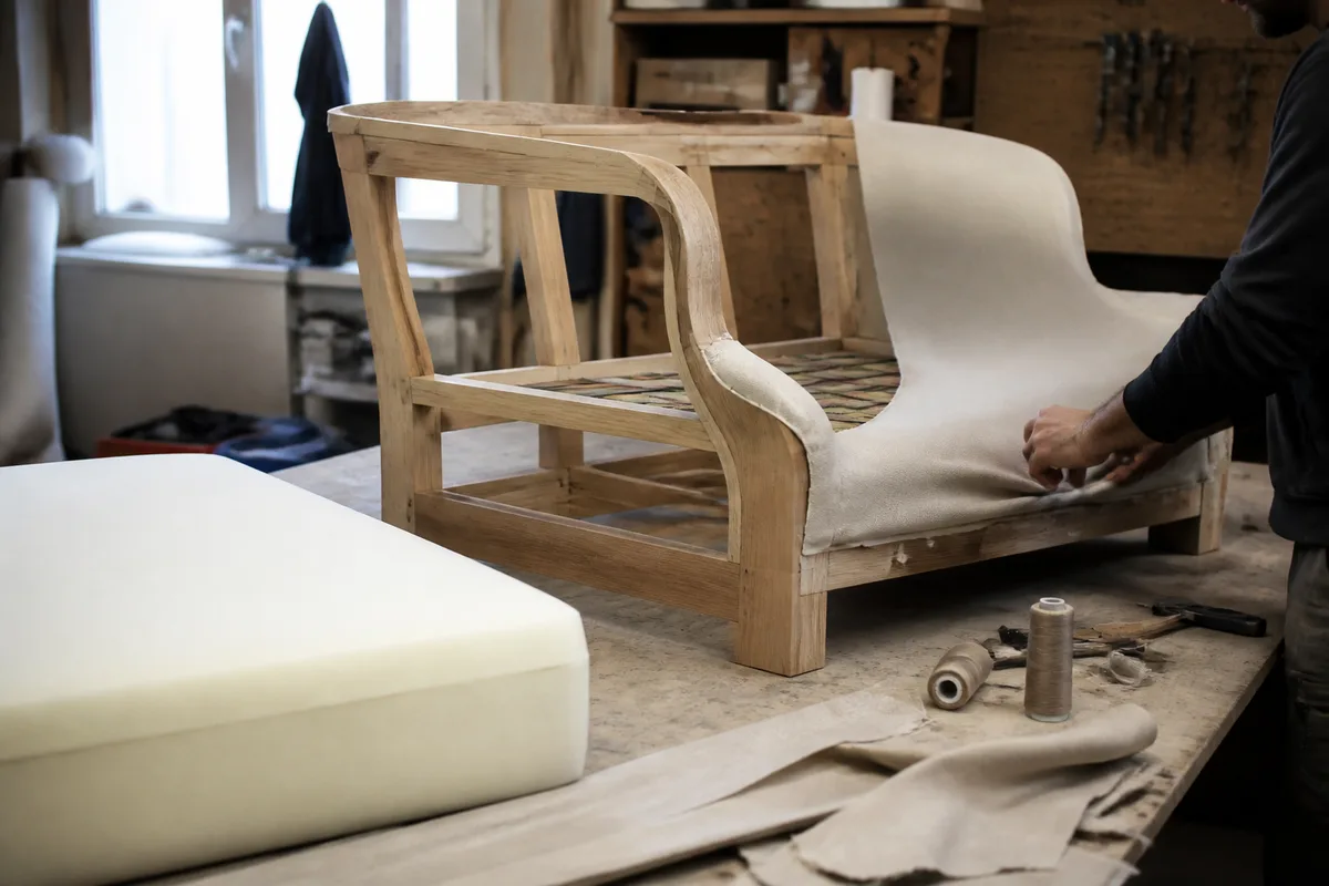 Canapé deux places fabriqué en France dans un atelier de tapisserie avec structure en bois, mousse et tissu