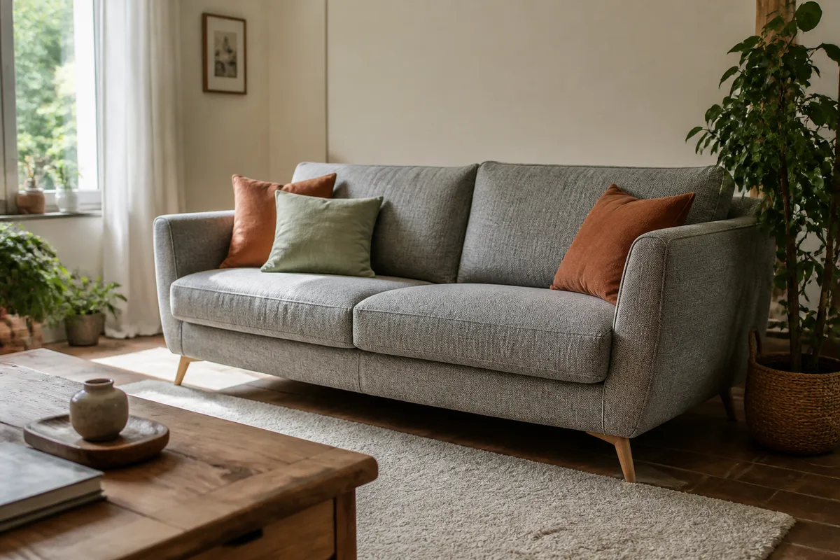 Canapé Maisons du Monde gris chiné dans un salon chaleureux avec bois, tapis et coussins colorés