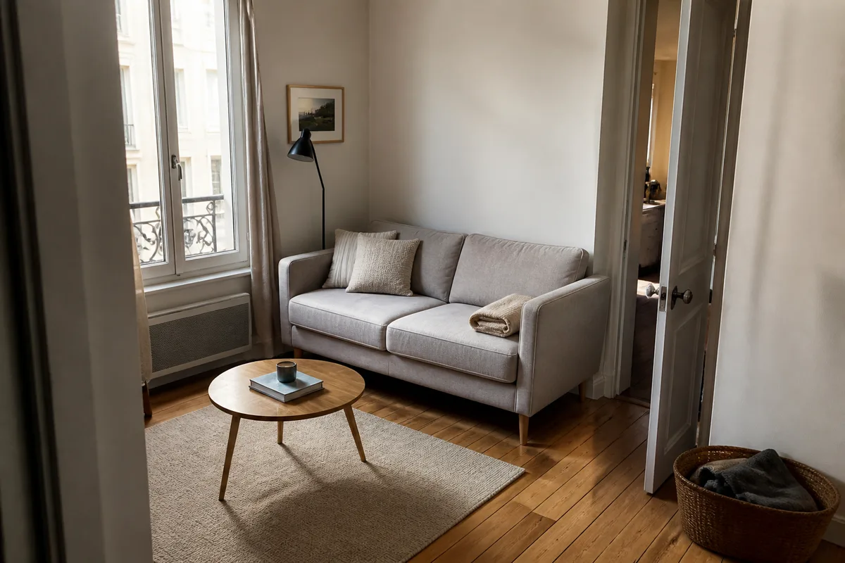 Canapé compact pour petit appartement placé avec une circulation dégagée