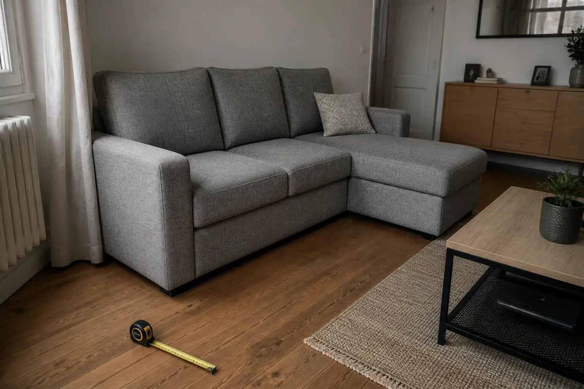Canapé avec méridienne dans un petit salon avec passage dégagé et table basse correctement espacée