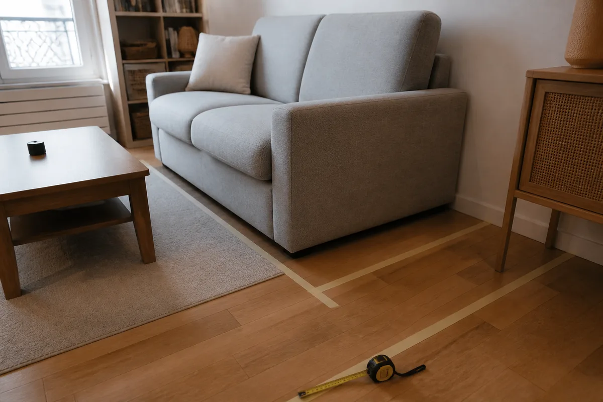 Mesure au sol de la largeur de circulation devant un canapé deux places dans un petit salon