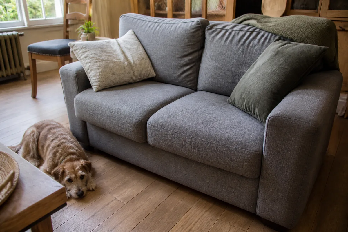 Canapé deux places en tissu dans un salon familial avec un chien couché au sol
